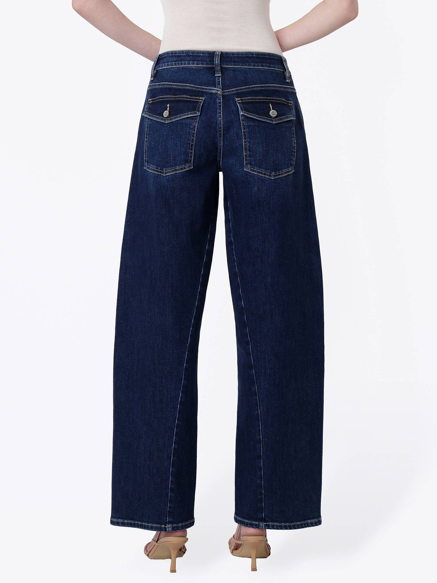 Flying Monkey~High Rise Back Flap Pocket Twist Seam Wide Barrel Jean