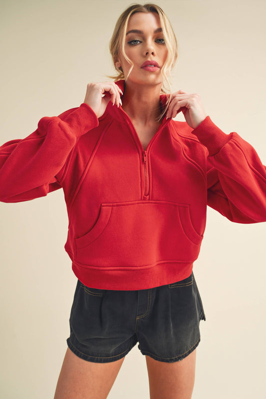 AEMI + CO Dove Funnel Neck Half Zip Pullover, Tomato
