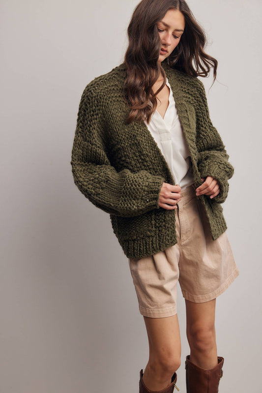 Forte - Handmade Chunky Knit Cardigan:Green Olive