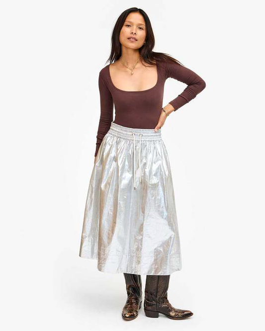 Clare V Zoelle Skirt Coated Cotton Metallic Silver