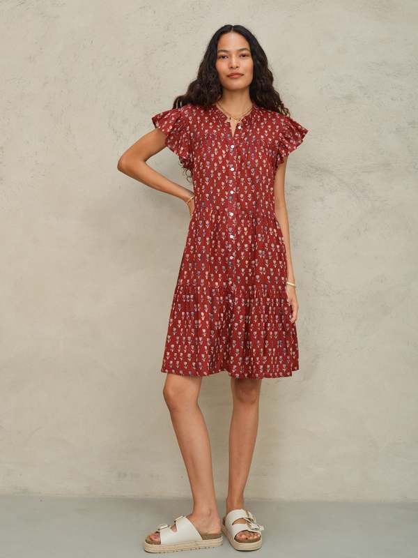 ARI Print Frill Dress: Berry