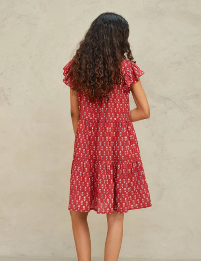ARI Print Frill Dress: Berry
