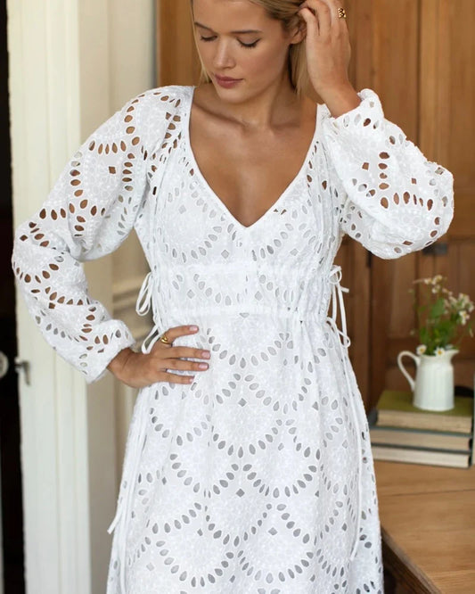 Emerson Fry - Double Waist Tie Dress: White Scallop Eyelet