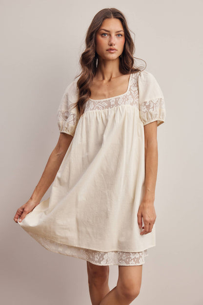 Forte - Lace Yoke Puff Sleeve Mini Dress Ivory