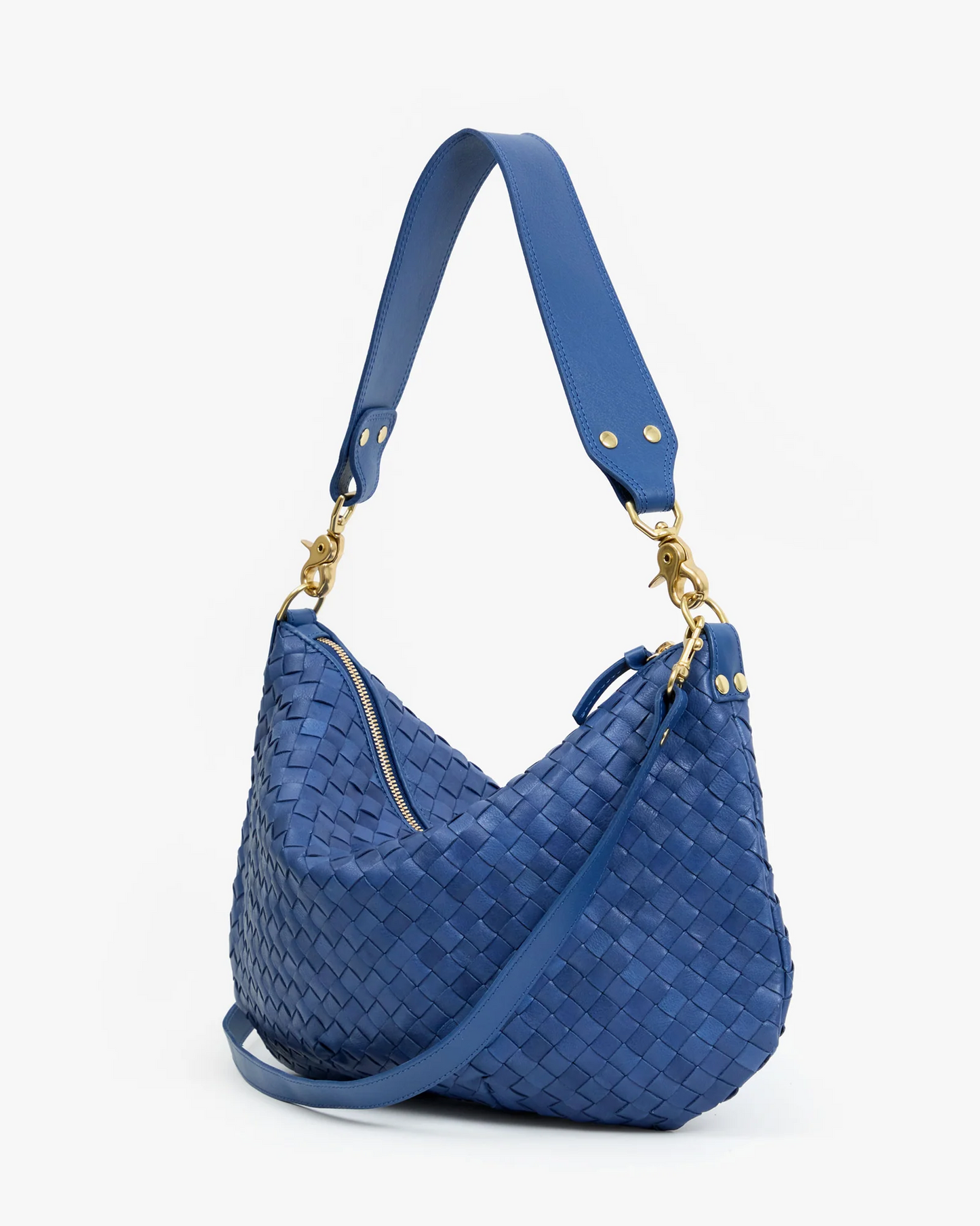 Clare V Petit Moyen Messenger- Medium Woven Diagonal French Blue