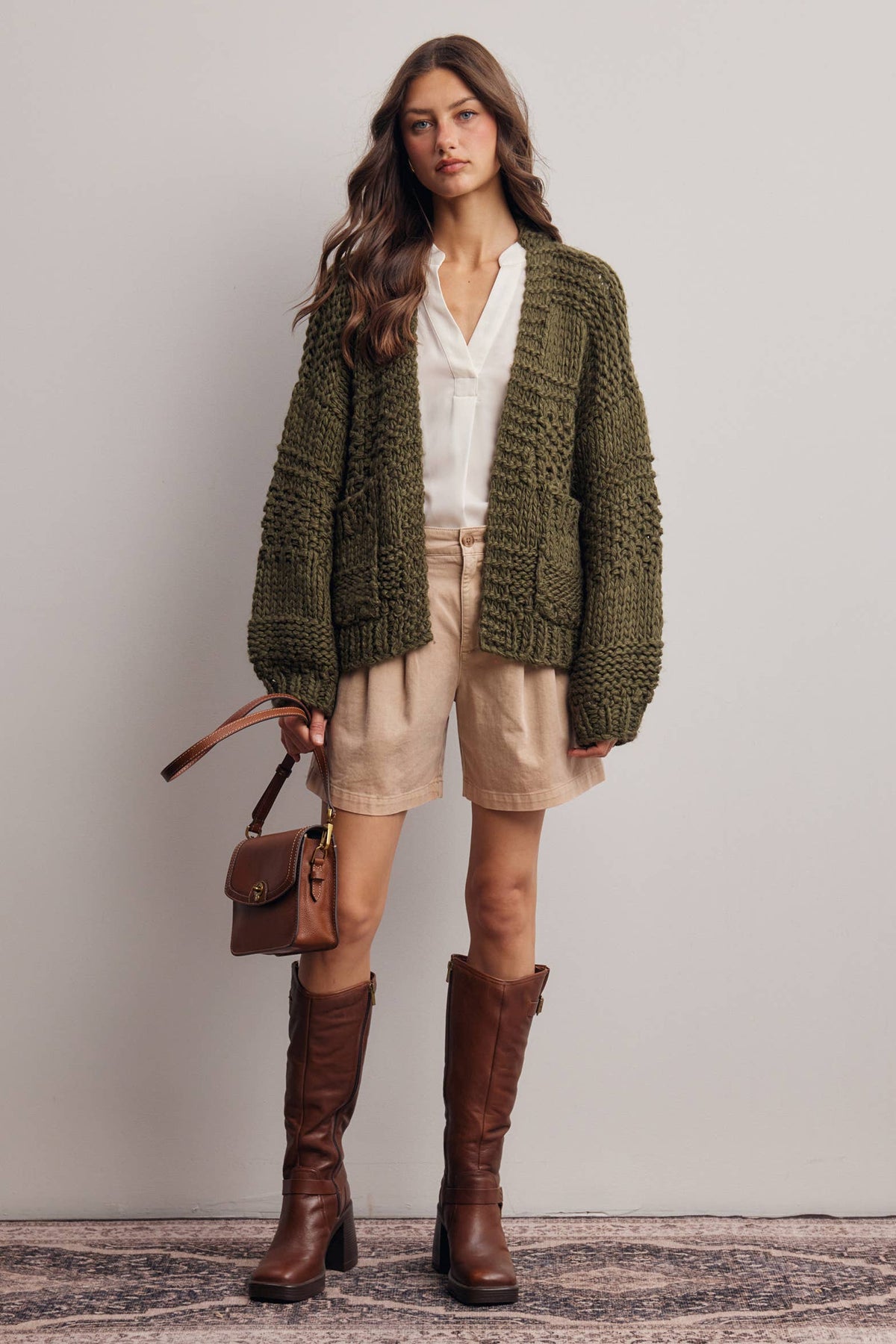 Forte - Handmade Chunky Knit Cardigan:Green Olive