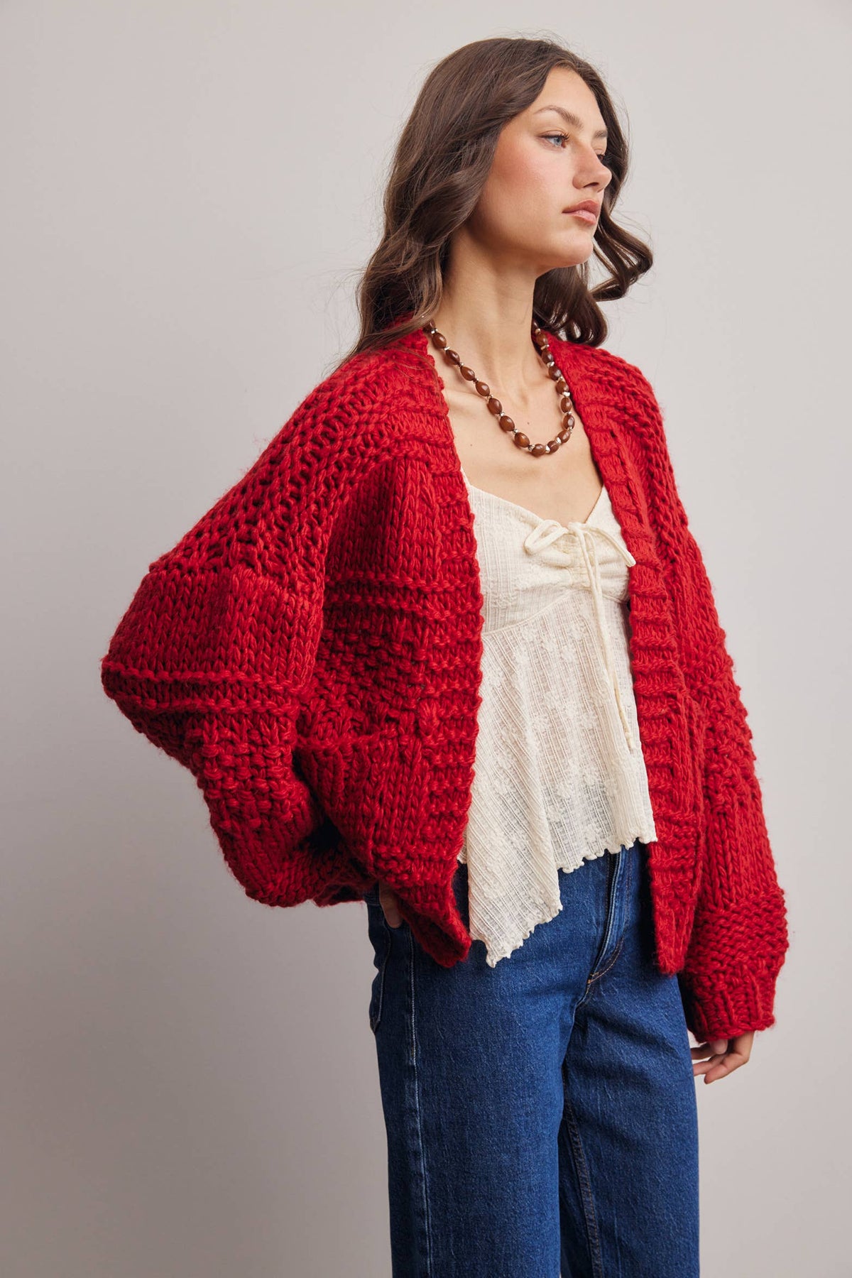 Forte - Handmade Chunky Knit Cardigan:Green Olive