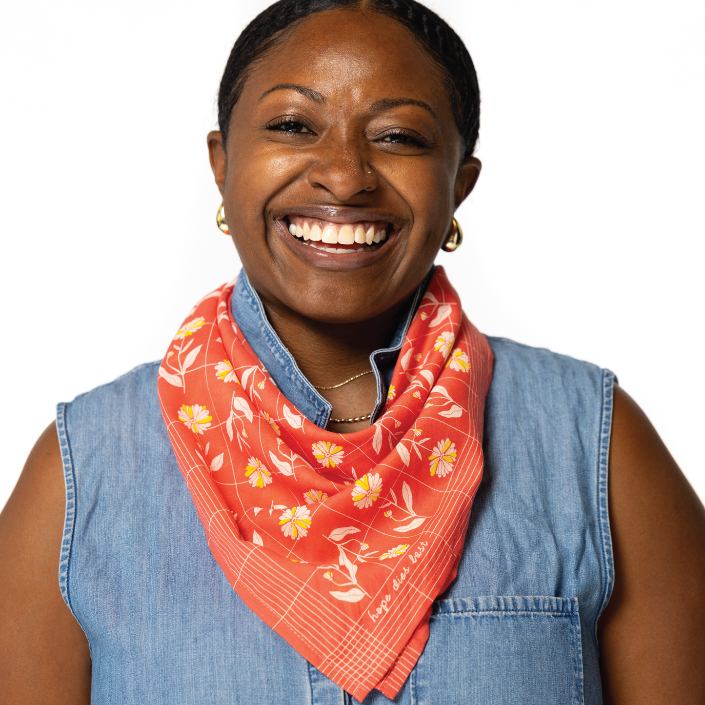 Jenni Earle - Luxury Cotton Voile Bandana –“Hope Dies Last” mantra - poppy
