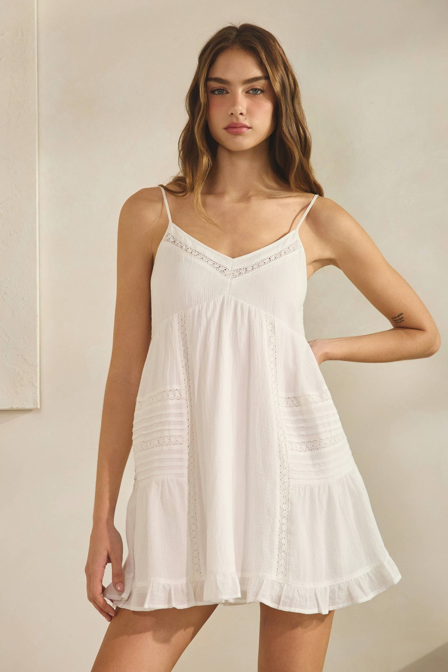 Creamon -Dejavu Lacey Crinkle Texture Mini Dress: LEMON CREAM,