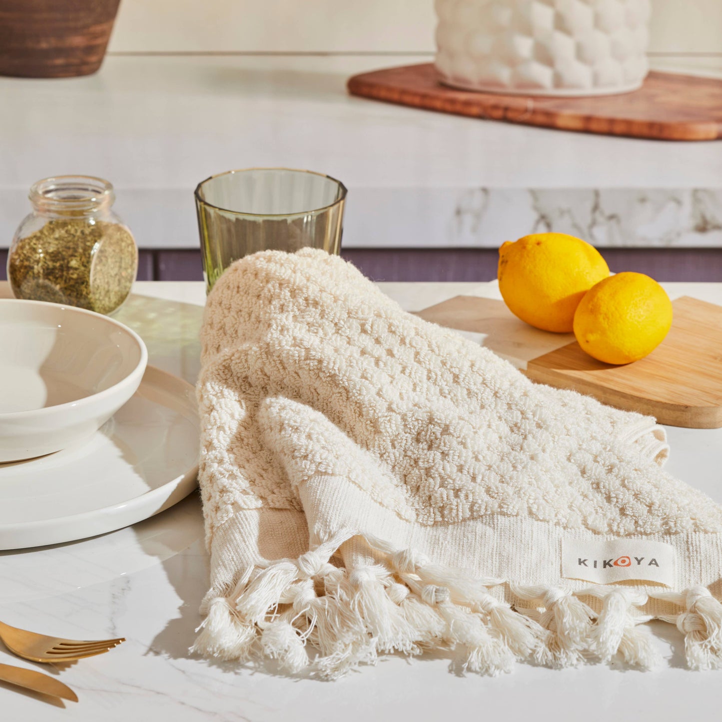 Kikoya - Pompom Turkish Cotton Hand Towel: Natural