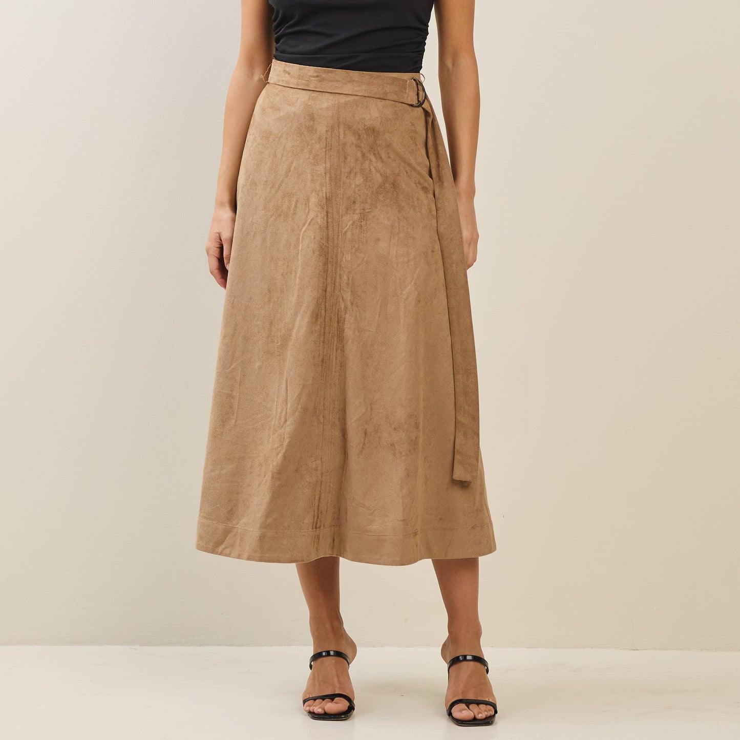 Able - Belted A-line vegan suede skirt: Camel