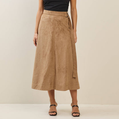 Able - Belted A-line vegan suede skirt: Camel