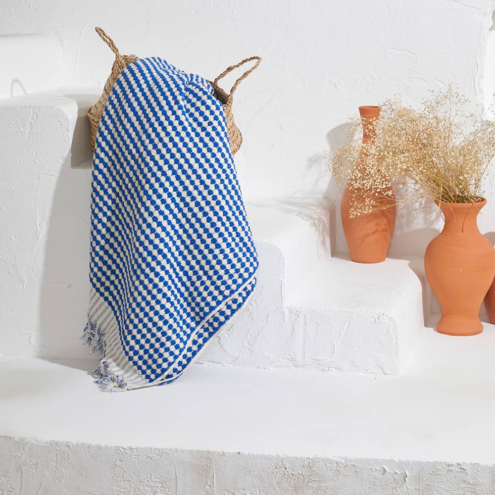 Kikoya - Pompom Bubble Turkish Cotton Bath Towel: Blue