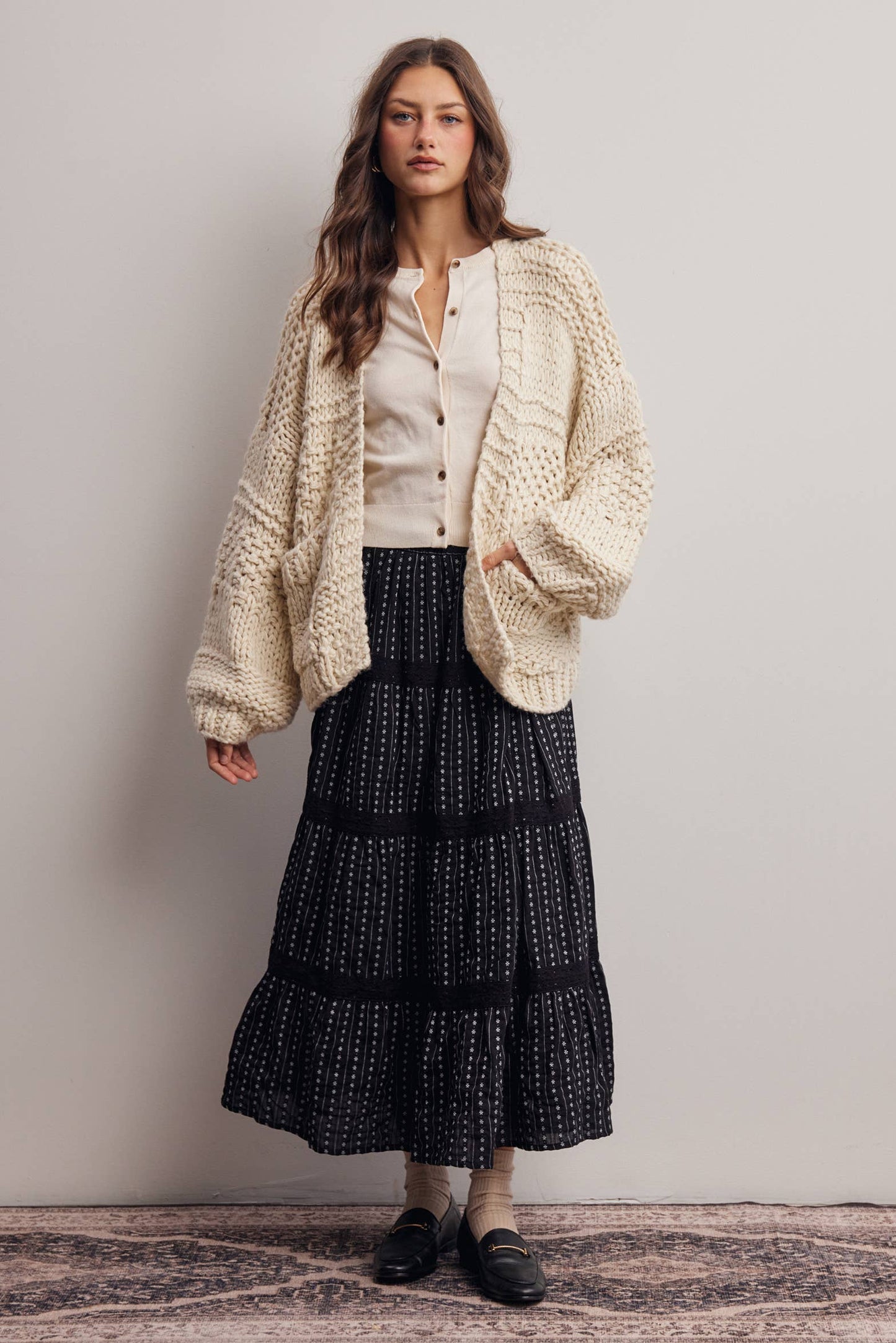 Forte - Handmade Chunky Knit Cardigan:Green Olive