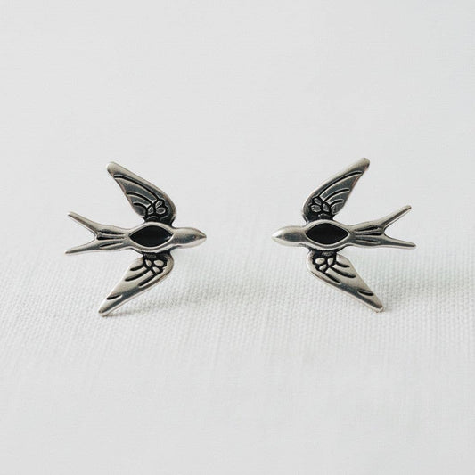 Ellemadera - Artistic Black Zirconia Bird Stud Earrings