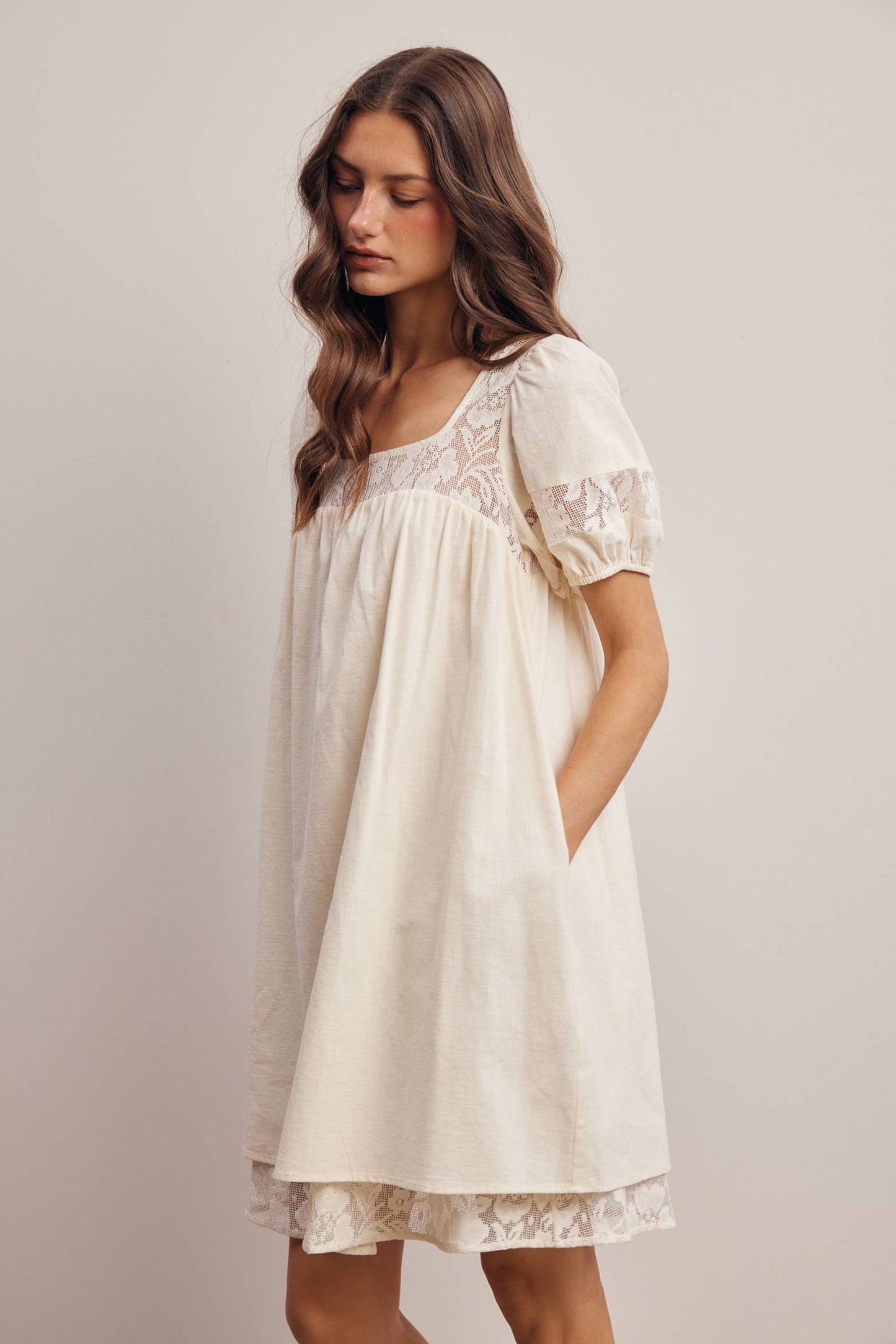 Forte - Lace Yoke Puff Sleeve Mini Dress Ivory