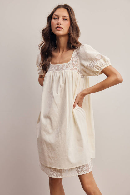 Forte - Lace Yoke Puff Sleeve Mini Dress Ivory