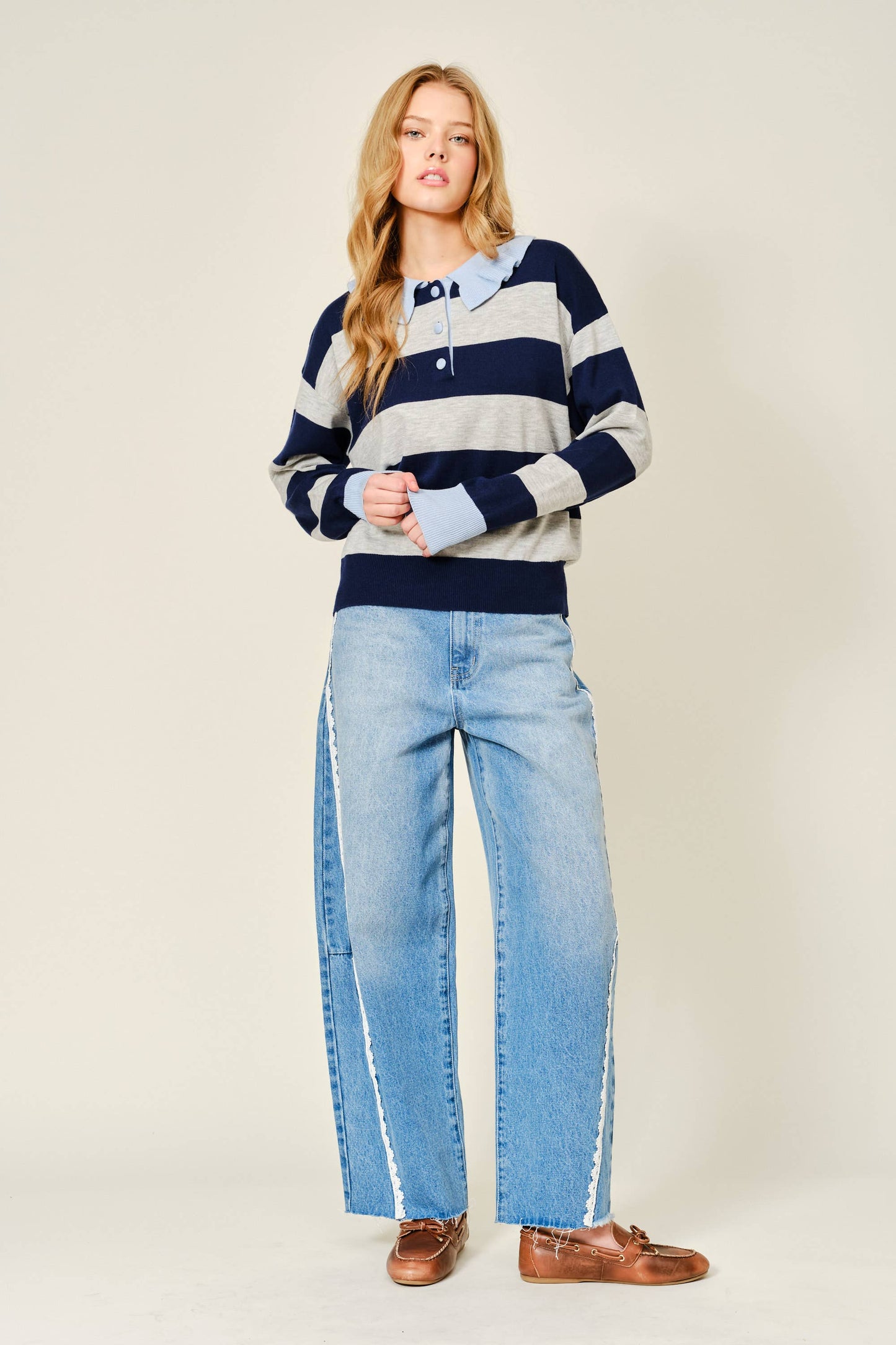 Aaron & Amber - LACE SIDE LINE DETAIL BARREL DENIM PANTS