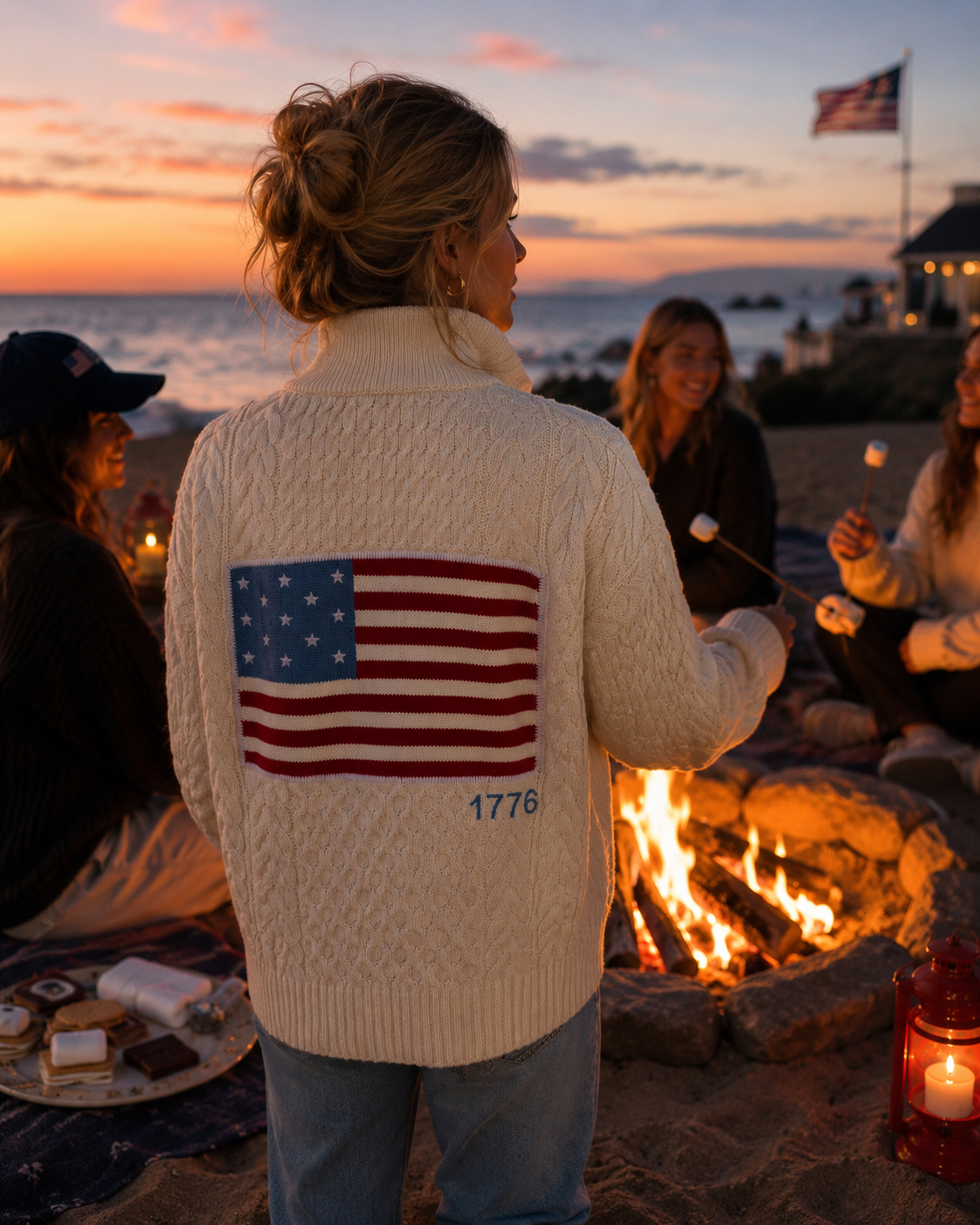 Pink Pineapple - 1776 Anniversary FLAG 1/2 Zip Cable Sweater Ivory: M