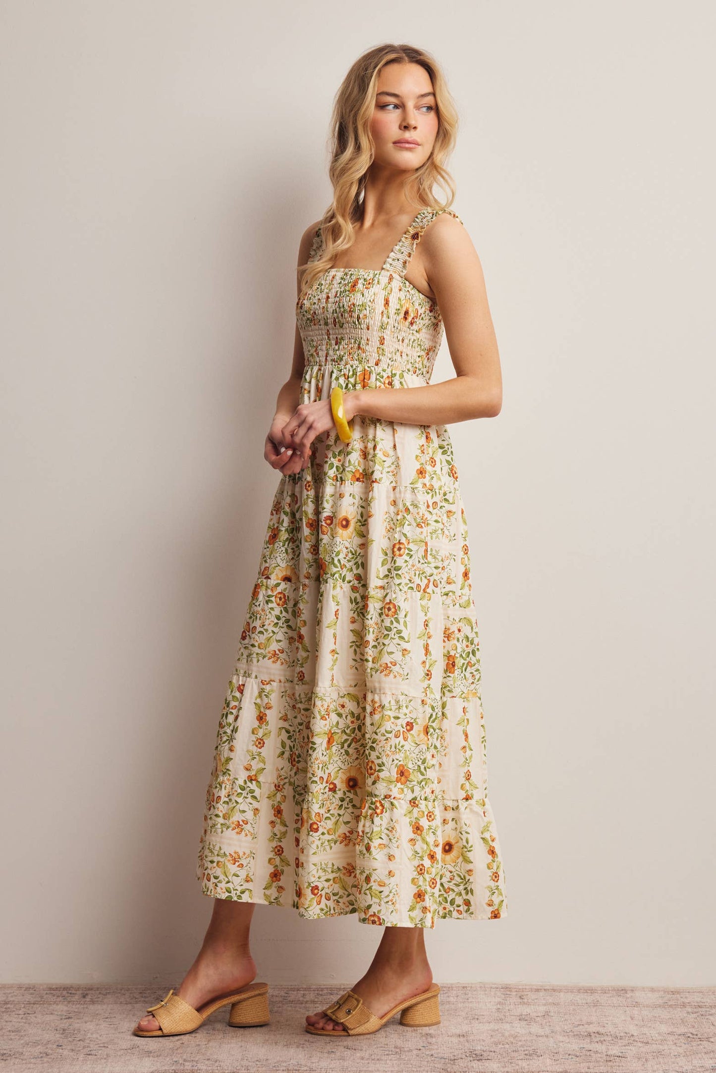 Forte - Floral Smocked Tiered Midi Dress Ecru, Contemporary