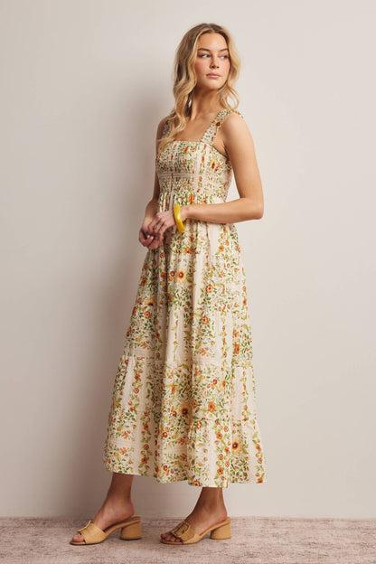 Forte - Floral Smocked Tiered Midi Dress Ecru, Contemporary