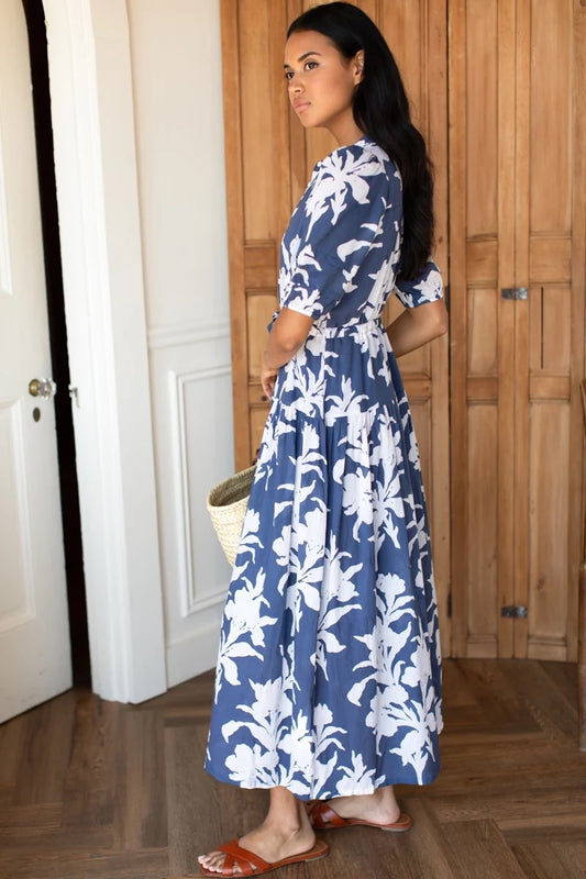 Emerson Fry-Lucy 4 Basque Dress - Blue Indigo + Ivory Orchid Organic