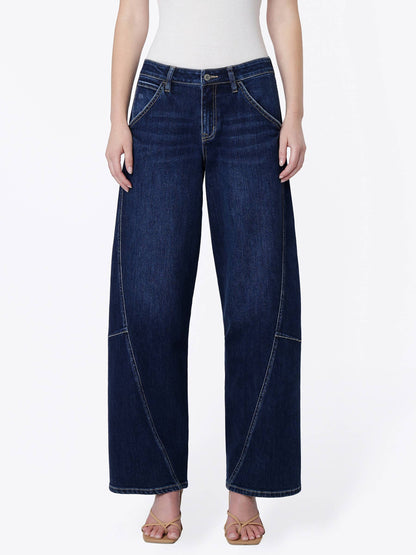Flying Monkey~High Rise Back Flap Pocket Twist Seam Wide Barrel Jean