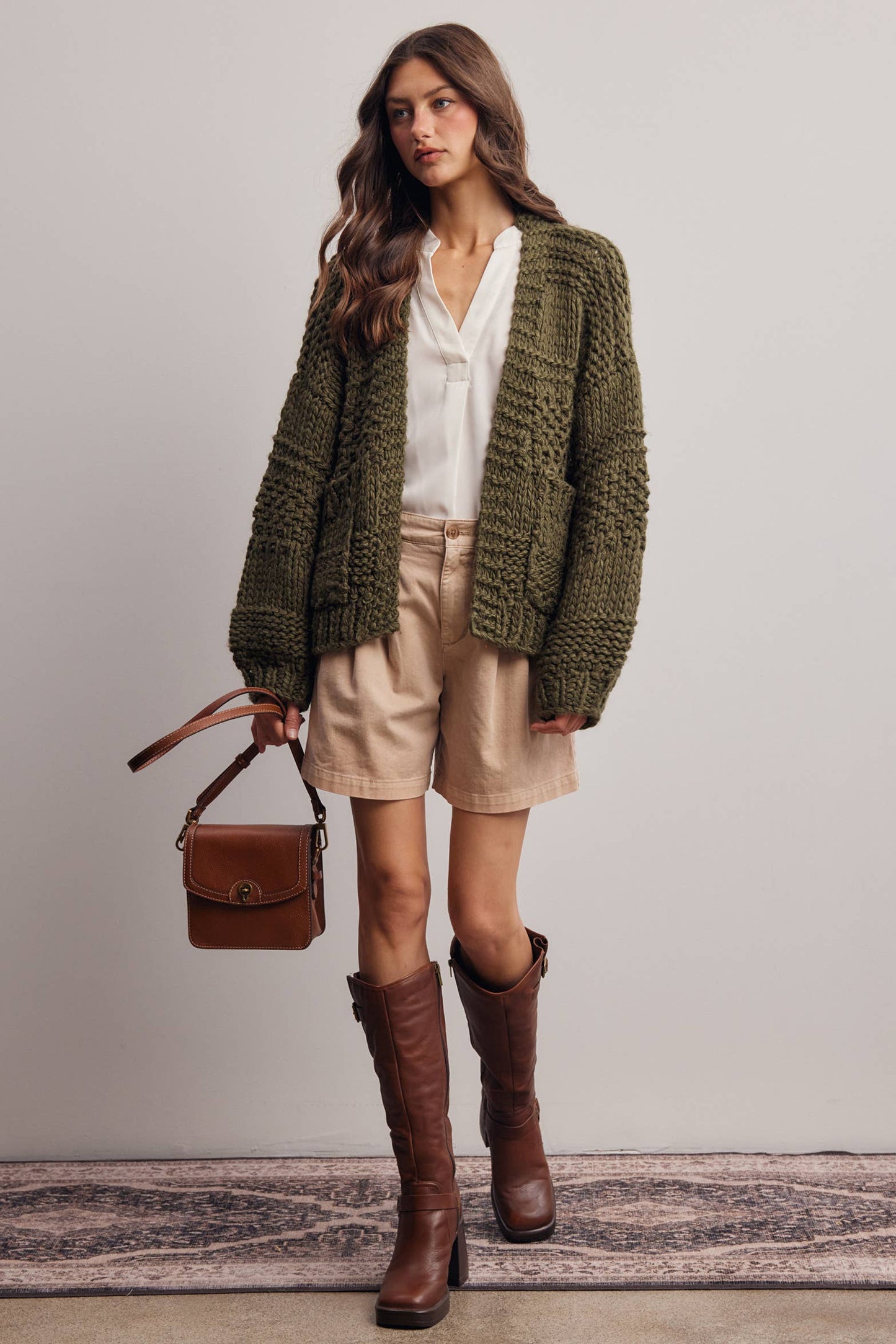 Forte - Handmade Chunky Knit Cardigan:Green Olive