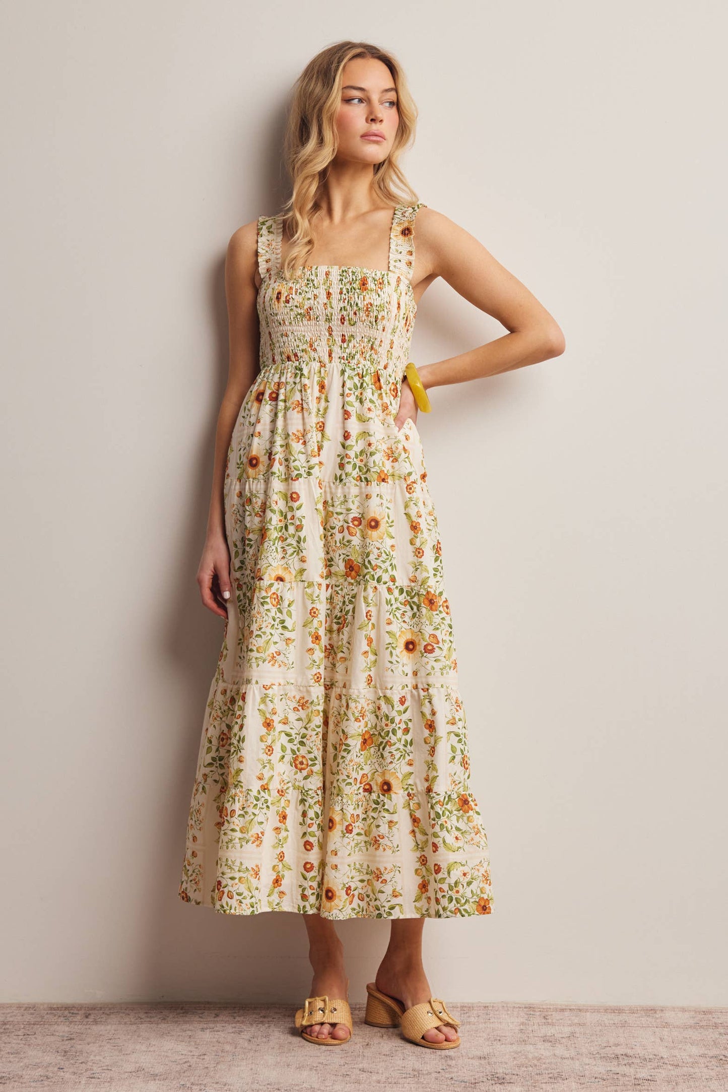 Forte - Floral Smocked Tiered Midi Dress Ecru, Contemporary
