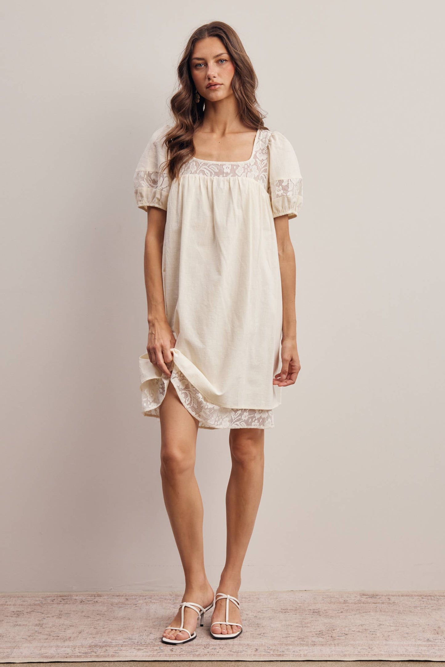 Forte - Lace Yoke Puff Sleeve Mini Dress Ivory
