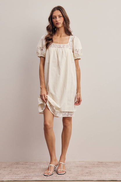 Forte - Lace Yoke Puff Sleeve Mini Dress Ivory