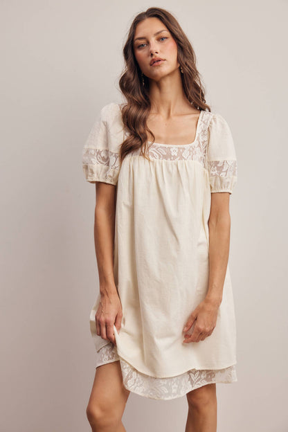 Forte - Lace Yoke Puff Sleeve Mini Dress Ivory