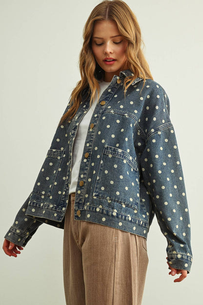 Miou Muse - Polka Dot Button Front Denim Jacket