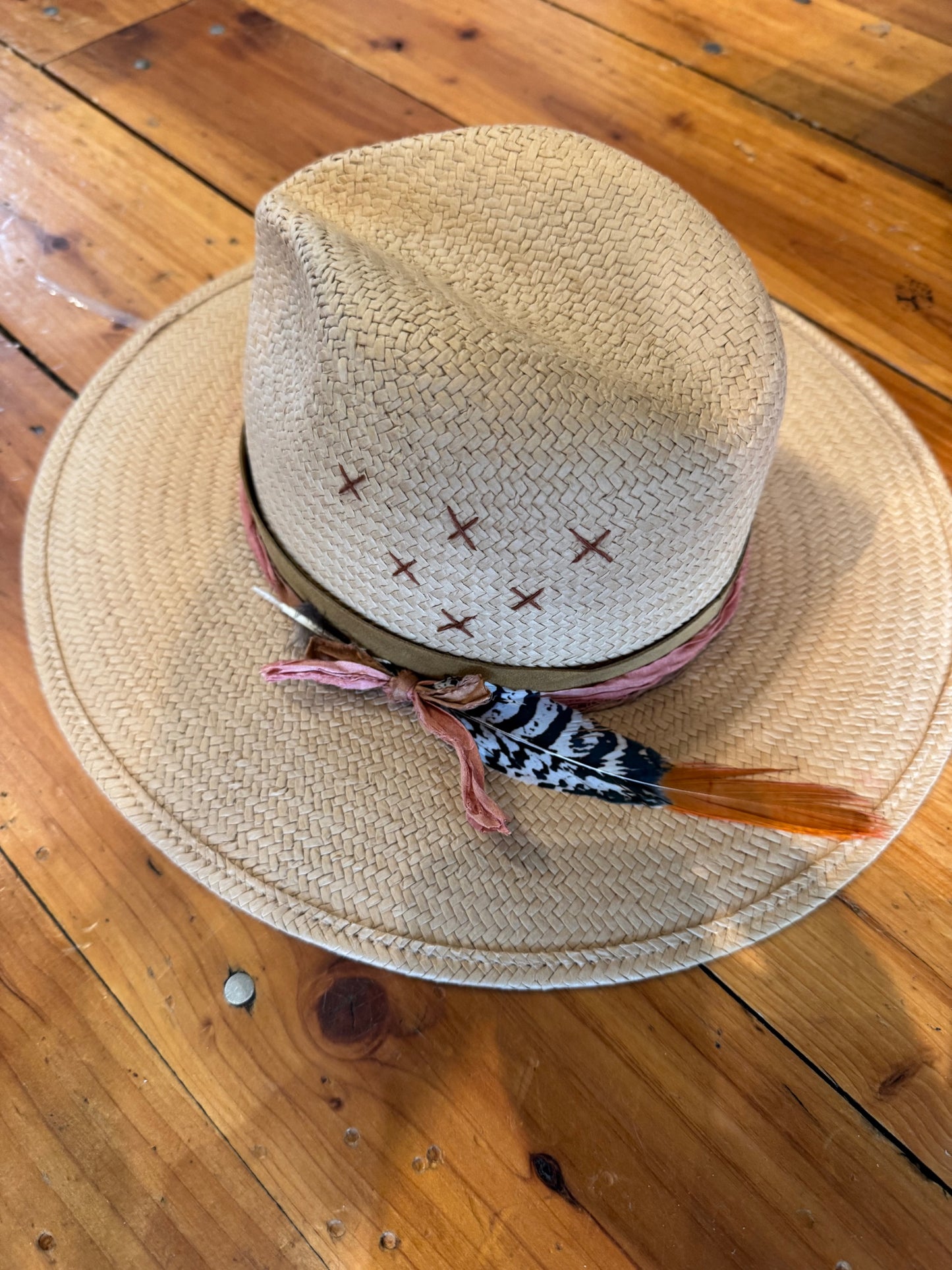 Lovely Bird Hand-Embellished Straw Fedora Natural