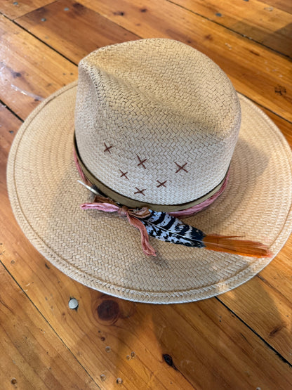 Lovely Bird Hand-Embellished Straw Fedora Natural