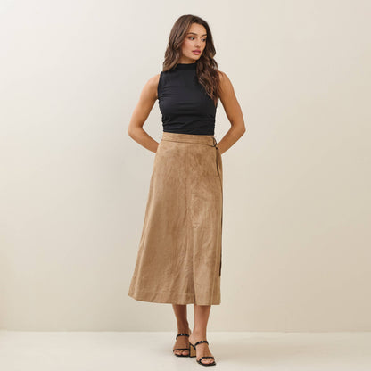 Able - Belted A-line vegan suede skirt: Camel