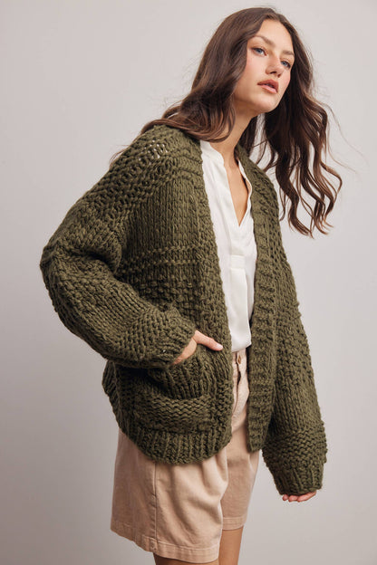 Forte - Handmade Chunky Knit Cardigan:Green Olive