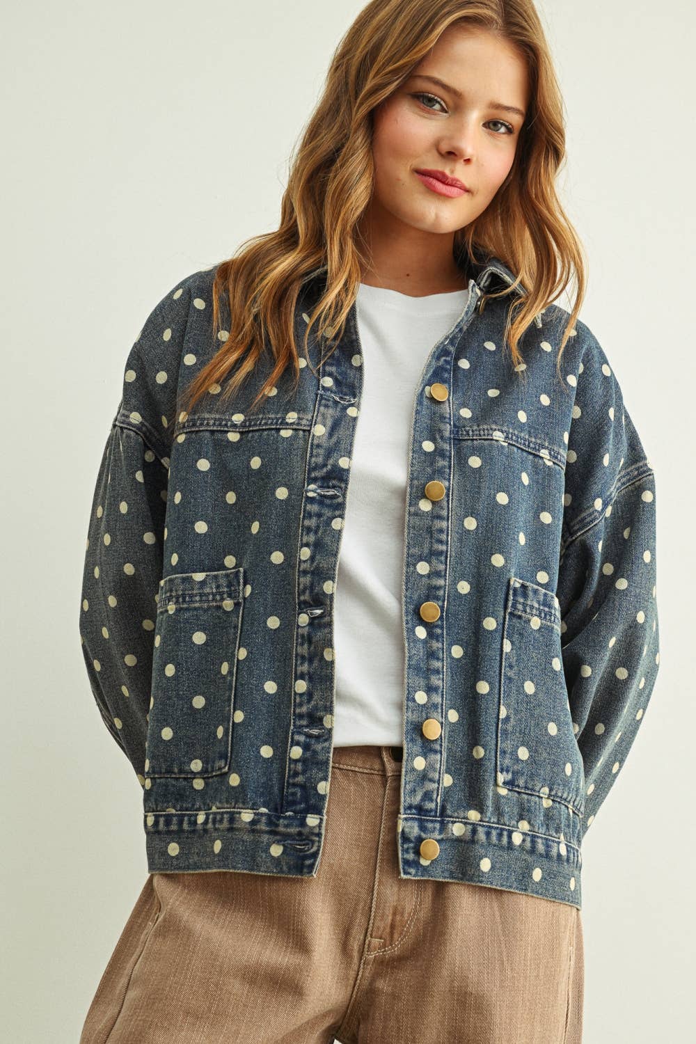 Miou Muse - Polka Dot Button Front Denim Jacket