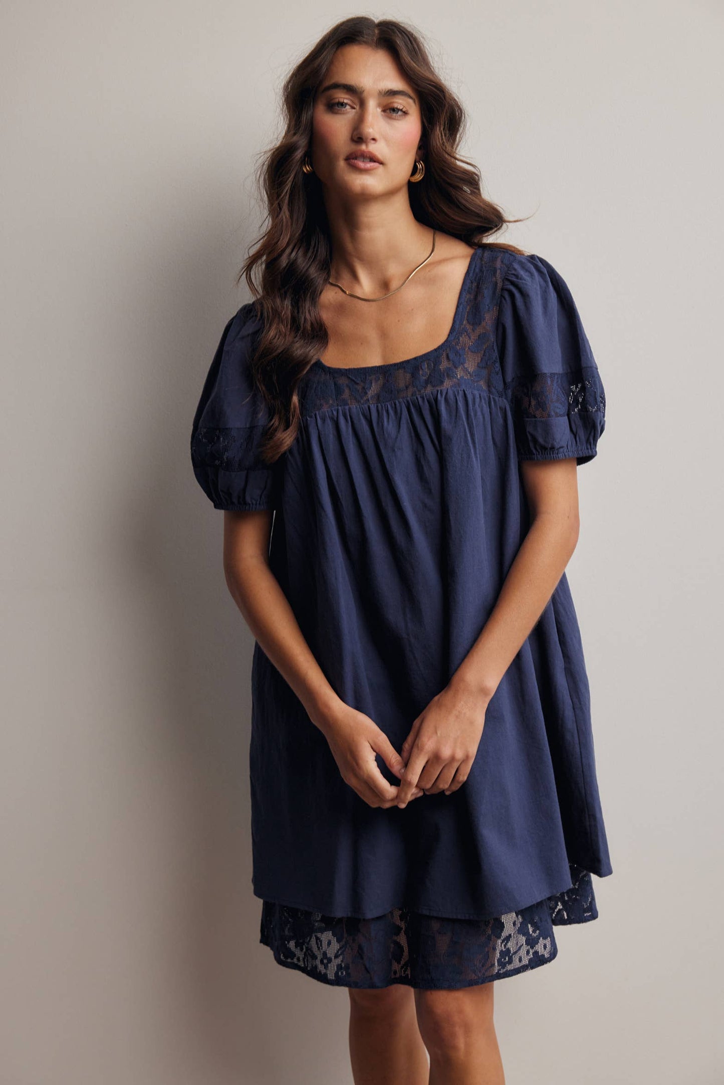 Forte - Lace Yoke Puff Sleeve Mini Dress Ivory