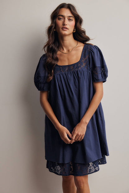 Forte - Lace Yoke Puff Sleeve Mini Dress Ivory