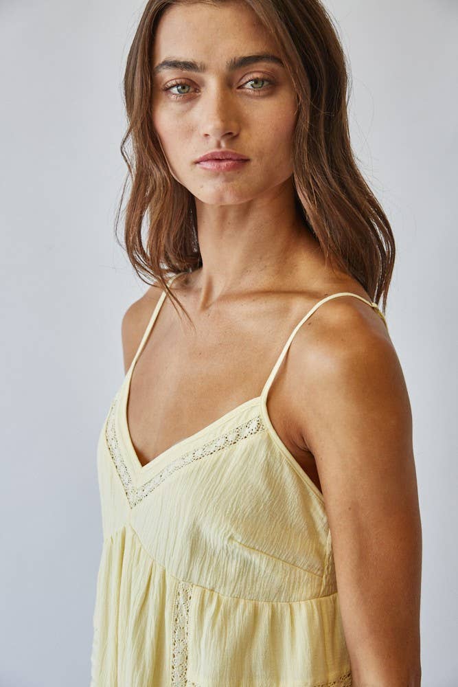 Creamon -Dejavu Lacey Crinkle Texture Mini Dress: LEMON CREAM,