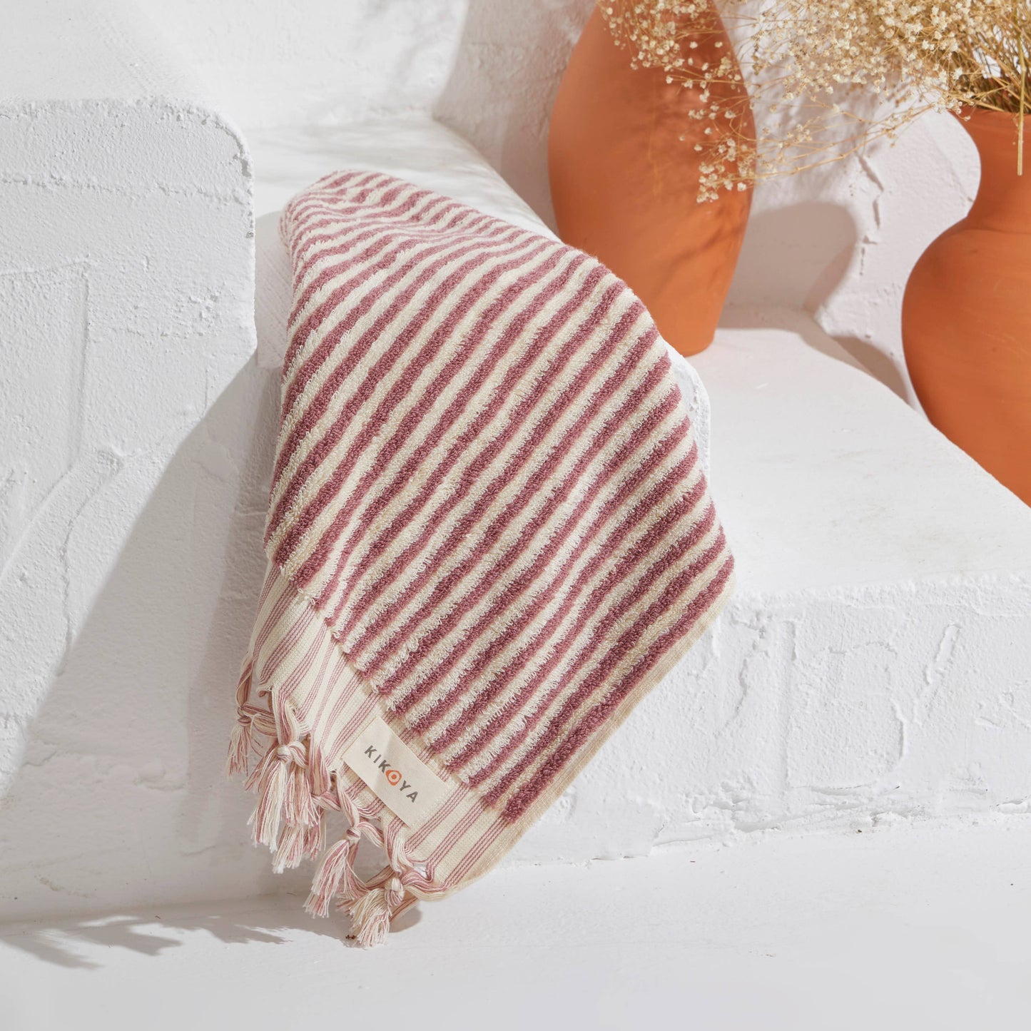 Kikoya - Stripe Turkish Cotton Hand Towel: Rose