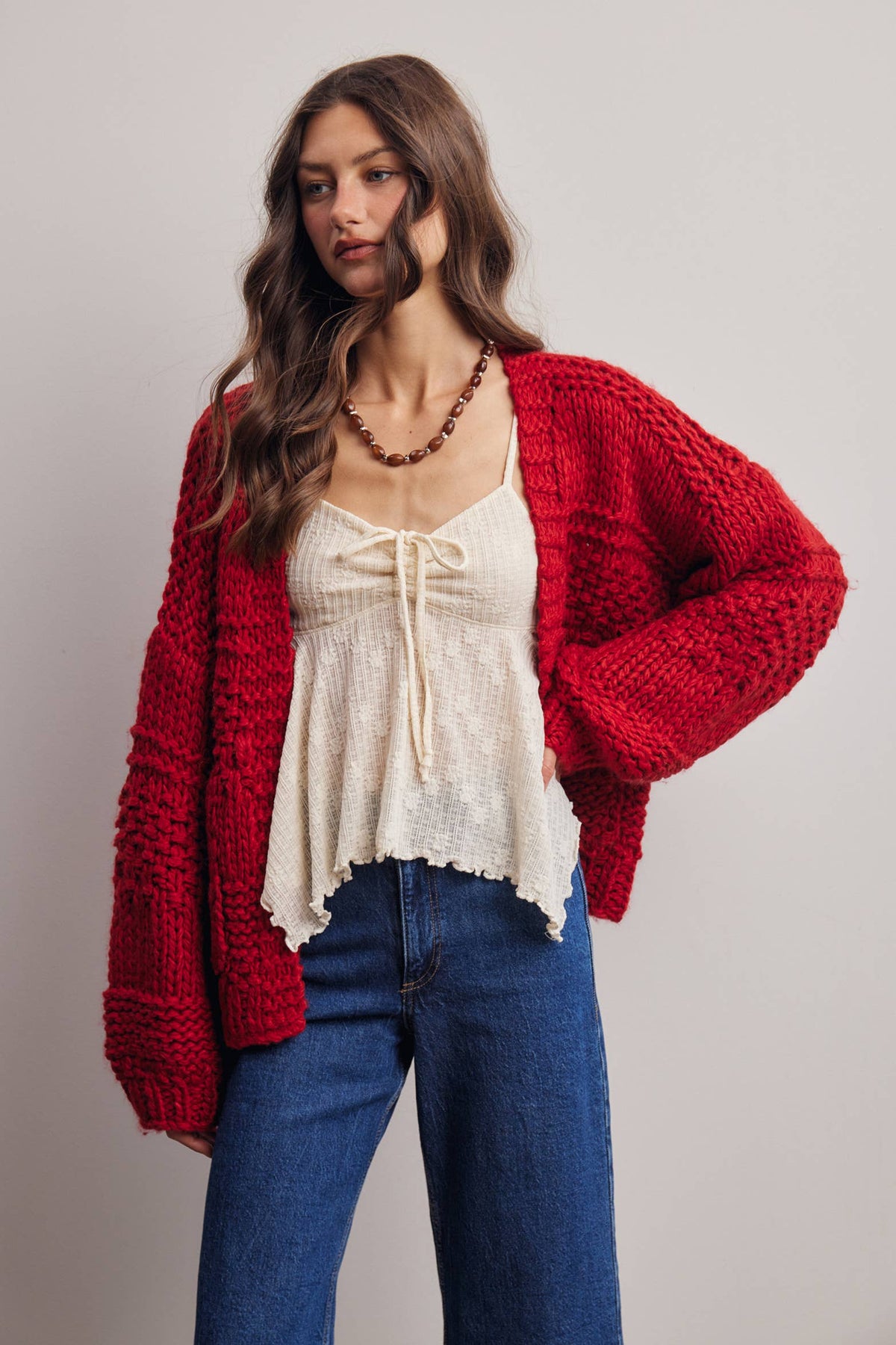 Forte - Handmade Chunky Knit Cardigan:Green Olive