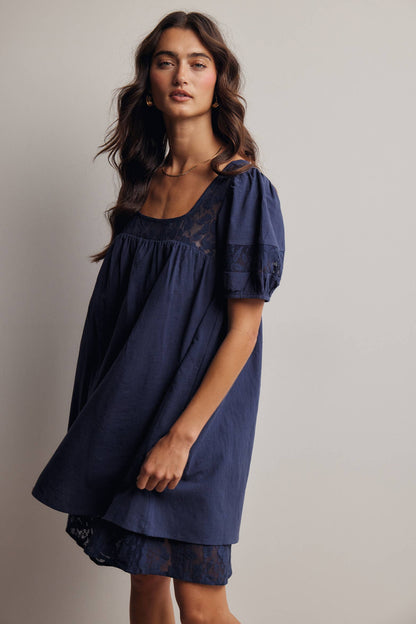 Forte - Lace Yoke Puff Sleeve Mini Dress Ivory
