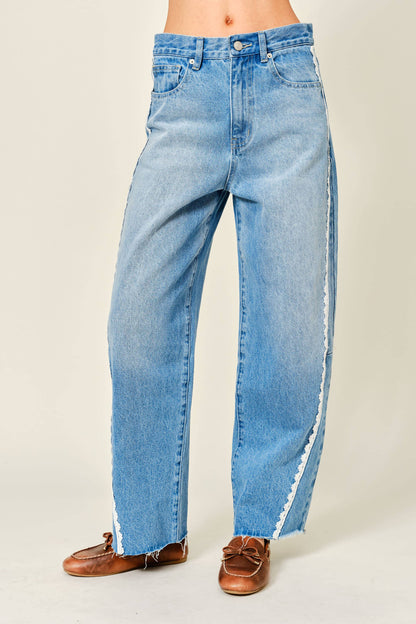 Aaron & Amber - LACE SIDE LINE DETAIL BARREL DENIM PANTS