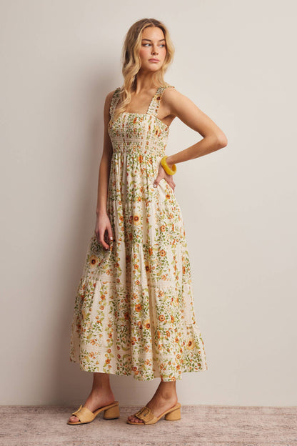 Forte - Floral Smocked Tiered Midi Dress Ecru, Contemporary