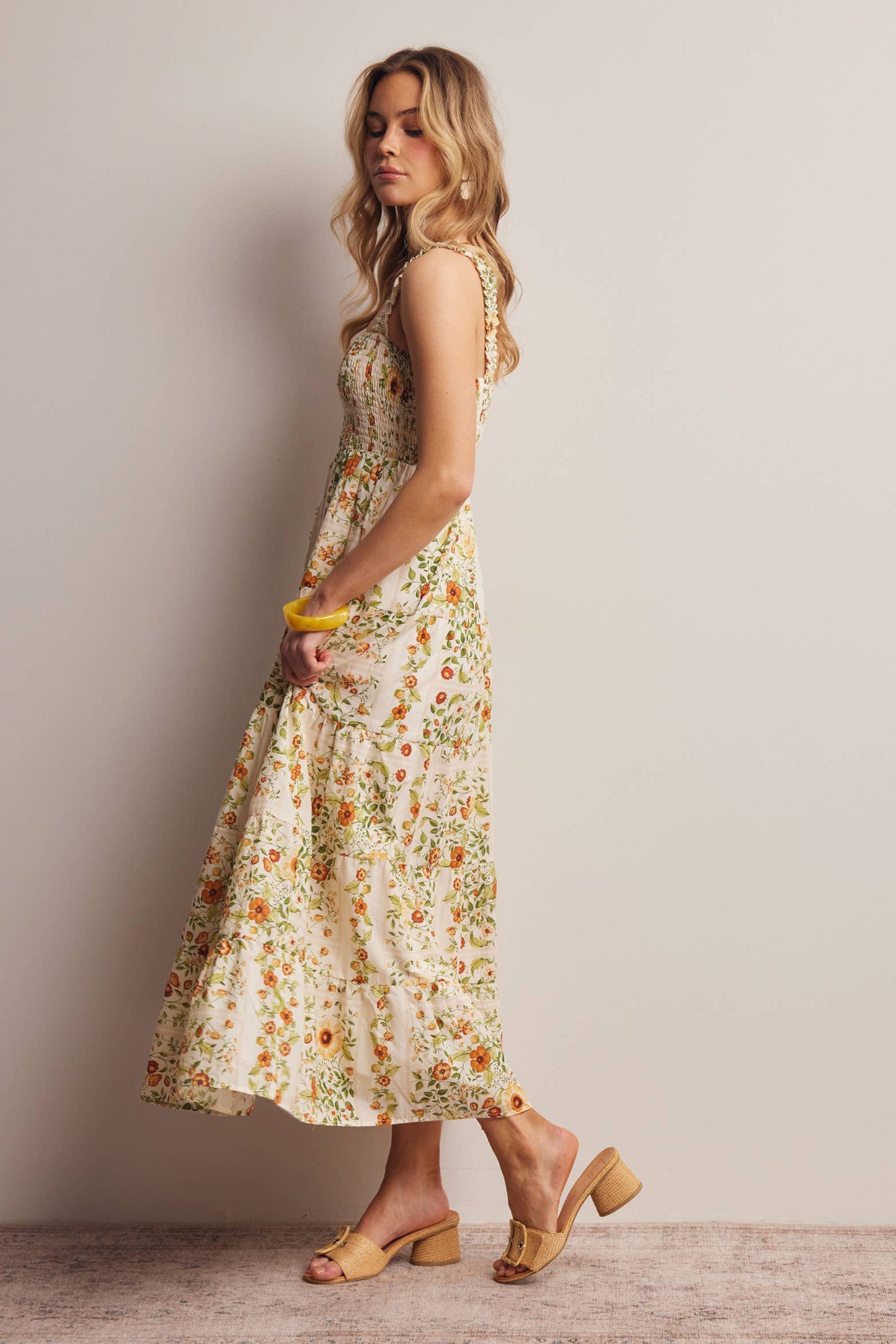Forte - Floral Smocked Tiered Midi Dress Ecru, Contemporary