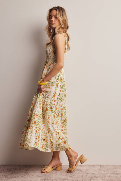 Forte - Floral Smocked Tiered Midi Dress Ecru, Contemporary
