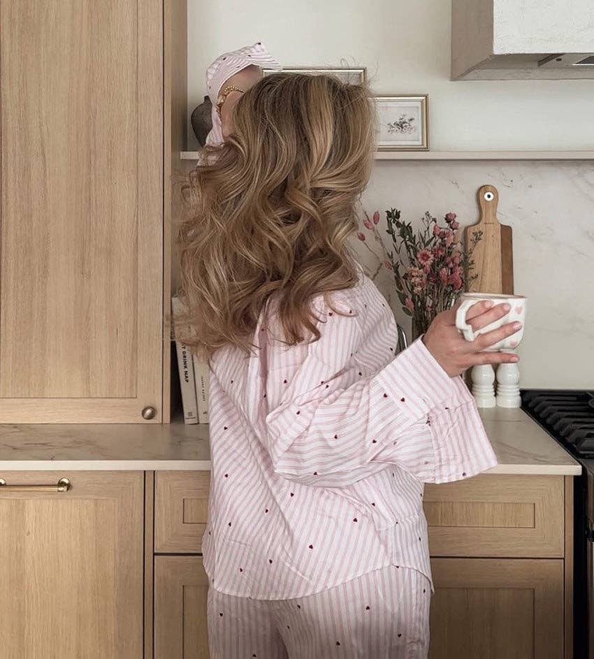 Pink Striped With Hearts Button Down Pajamas Set