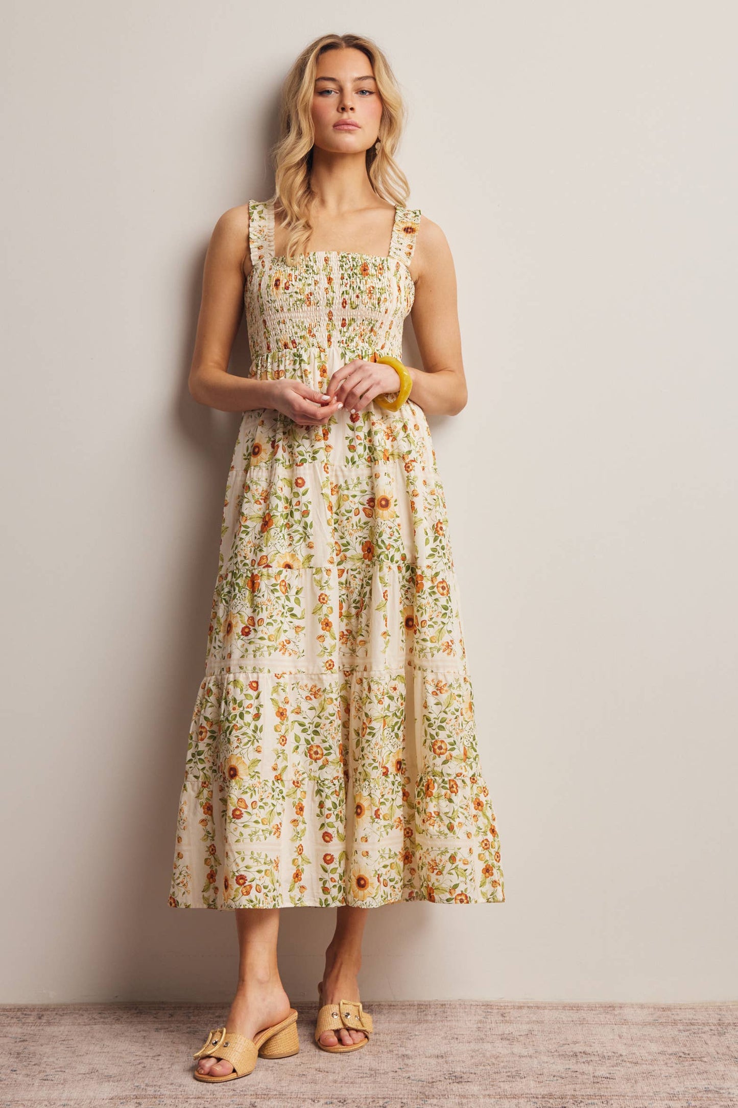 Forte - Floral Smocked Tiered Midi Dress Ecru, Contemporary